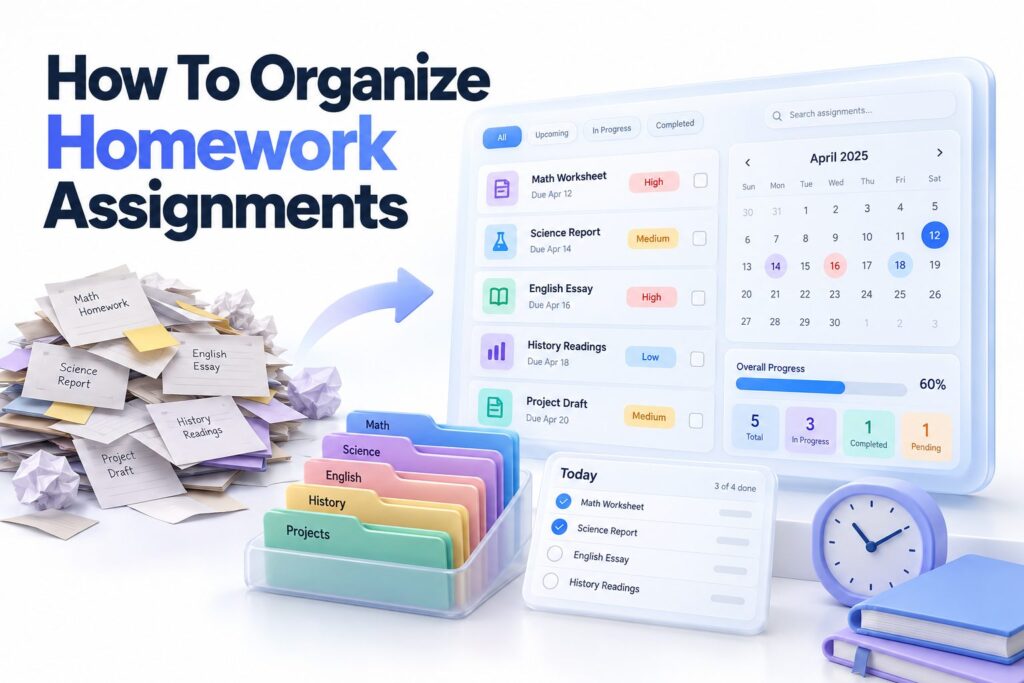 Student organizing homework assignments in a planner with labeled folders and school supplies