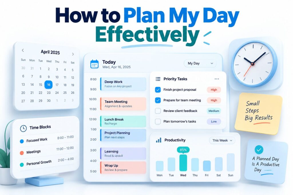 Person planning daily schedule in a notebook with to-do list and coffee